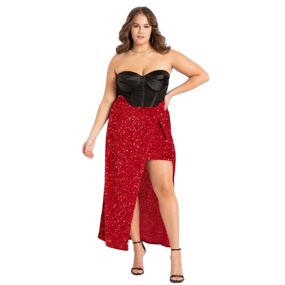 Glam Eloquii Red Sequin Wrap Maxi Skirt High Low Plus Size 14 New With Tags